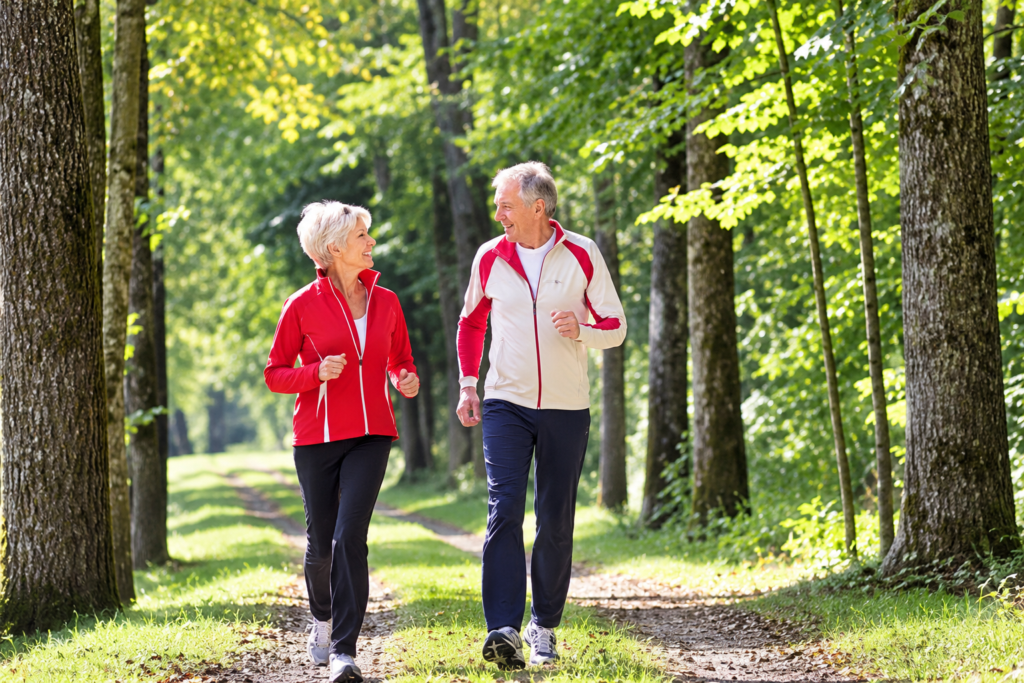 Senior Couple Walking Through Sunlit Forest